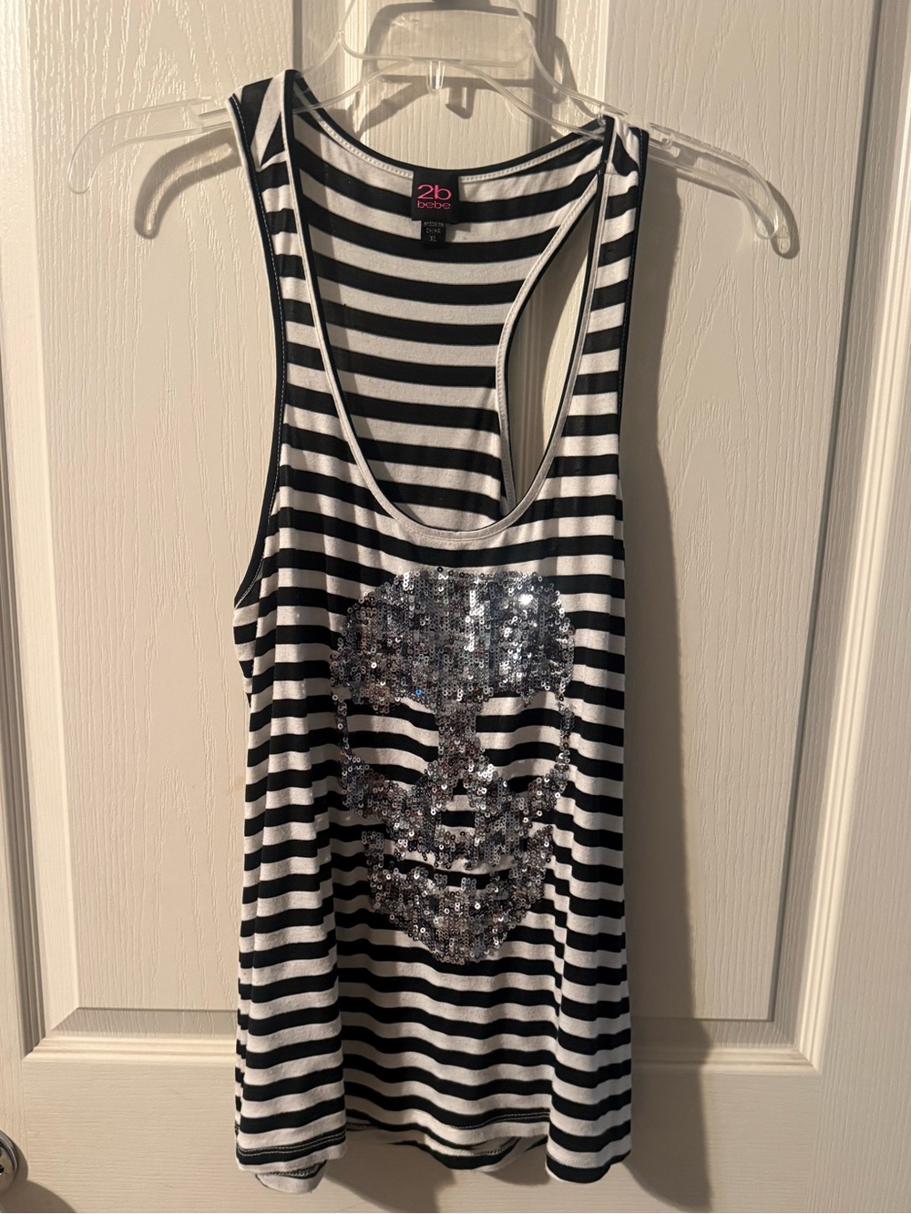 2B Bebe Black and White Striped Sequin Skull Tank